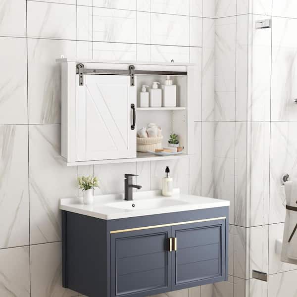 3-Tier Wodden Bathroom Cabinet with Sliding Barn Door and 3-Position Adjustable Shelves-White