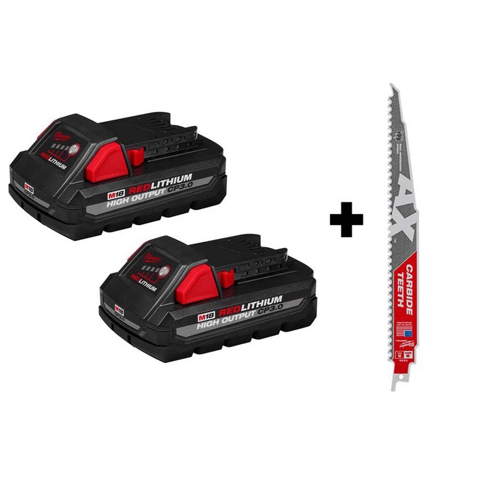 Milwaukee M18 18-Volt Lithium-Ion HIGH OUTPUT CP 3.0 Ah Battery Pack (2-Pack) w/9 in. 5 TPI AX Carbide Reciprocating Saw Blade -  48-11-1837-4B