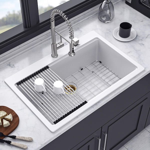 33 in. x 22 in. Drop-in Single Bowl Quartz/Granite Composite Kitchen Sink in Matte White