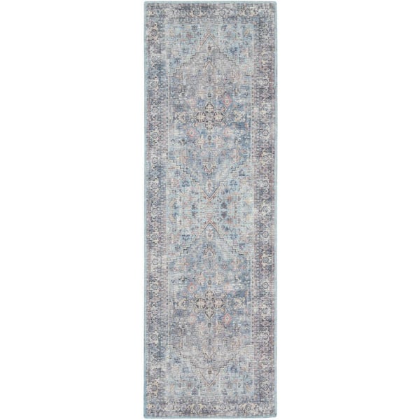 57 GRAND BY NICOLE CURTIS 57 Grand Machine Washable Light Grey/Blue 2 ft. x 6 ft. Bordered Traditional Kitchen Runner Area Rug