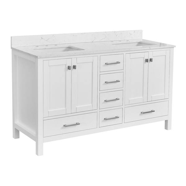 60 in. Freestanding Solid Wood White Bath Vanity with White Engineered Marble Top and Soft Close Drawers