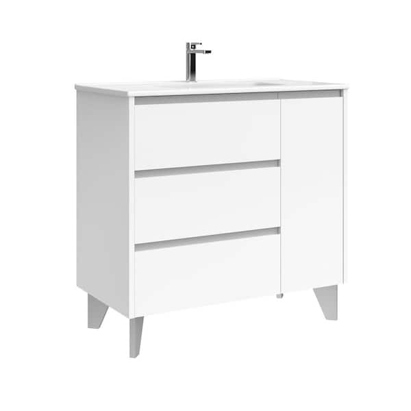 WS Bath Collections Lila 36.0 in. W Single Basin Freestanding Bath Vanity in Glossy White with Ceramic White Top