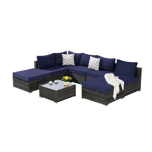 8 Pieces Wicker Patio Conversation Set Outdoor Sectional Sofa Couch with Dark Blue Cushions and Glass Coffee Table