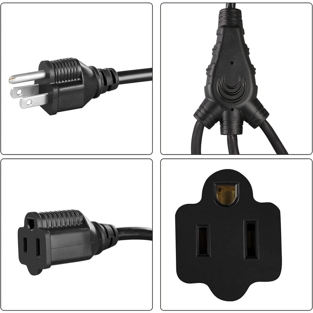 Black Heavy Duty 3 Prong Extension Cord Splitter, 1.5 ft, PVC