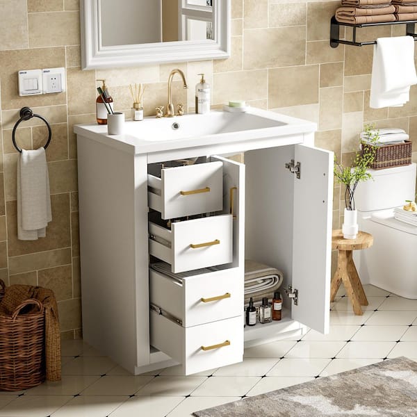 Solid Wood Bathroom Vanity 30 in. White Frame Bathroom Storage Cabinet, Ceramic Sink with 3 Drawers& Soft Closing Doors