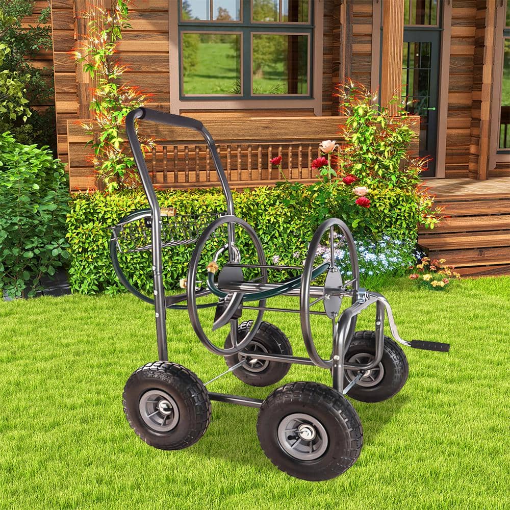 2 cu. ft. Metal Garden Cart - 4 Wheels Portable Garden Hose Reel Cart with 