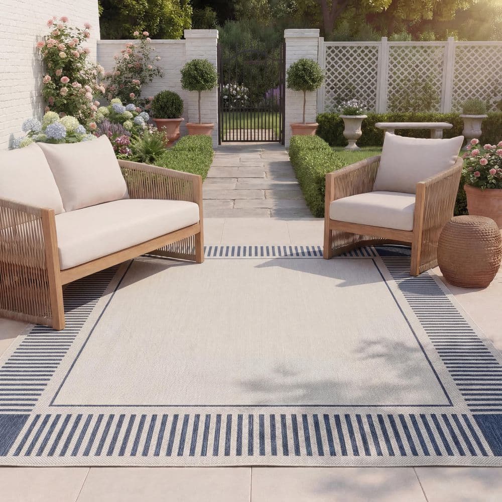 Beach House 7 ft. x 7 ft. Square Ivory/Navy Striped Border Indoor/Outdoor Area Rug price history on PriceWatchPro