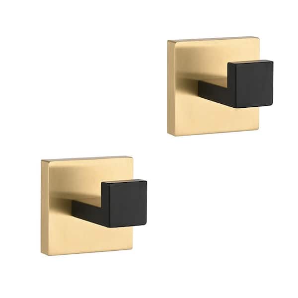 2-Piece Square Bathroom J-Hook Robe/Towel Hook in Gold and Black