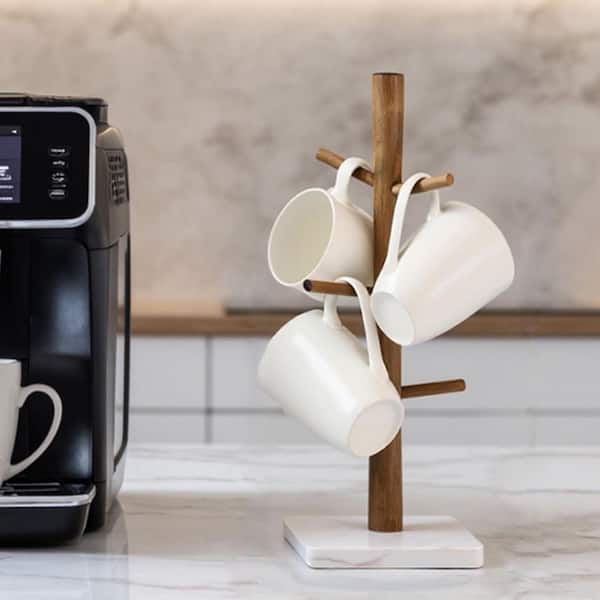 White Wood Mug Holder, Marble Base Cup Rack Tree Cup Stand Hanger Coffee Mugs Dryer with 6 Hooks Kitchen Coffee Mug Tree