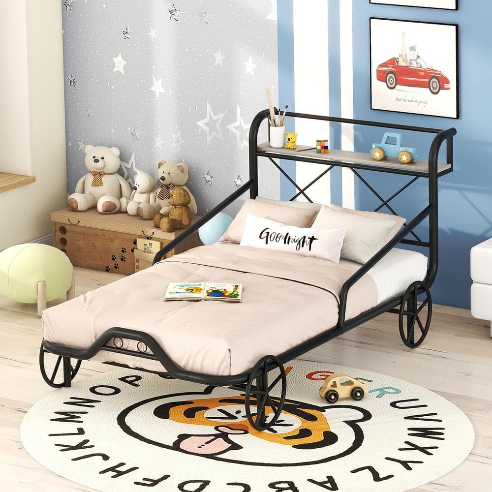 Harper & Bright Designs Black Car-Shaped Twin Size Metal Platform Bed with  Wheels, Guardrails and X-Shaped Frame Shelf QHS132AAB - The Home Depot