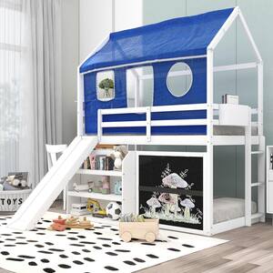 White Twin over Twin Wood House Bunk Bed with Blue Tent, Slide, Shelves, Blackboard, and Ladder