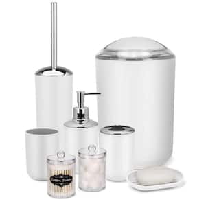 8-Piece Bathroom Accessory Set with Trash Can,Soap Dish,Toothbrush Holder,Cup,Toilet Brush Holder in. White with Labels