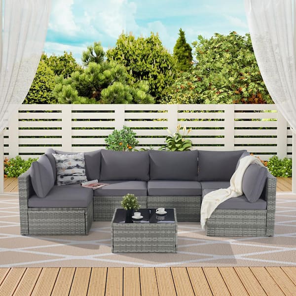 Zeus & Ruta 7-Piece Wicker Outdoor Sectional Set with Coffee Table and Gray Cushions for Backyard, Porch, Balcony