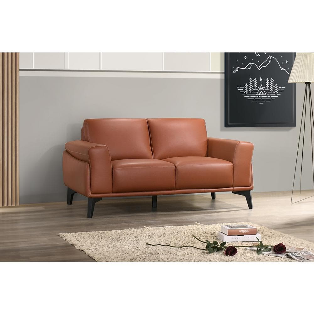 Terracotta Leather Loveseat with Flared Arms and Metal Base