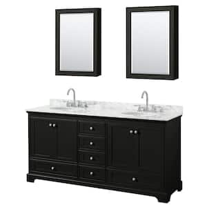 Deborah 72 in. Double Vanity in Dark Espresso with Marble Vanity Top in White Carrara with White Basins and Med Cabinets