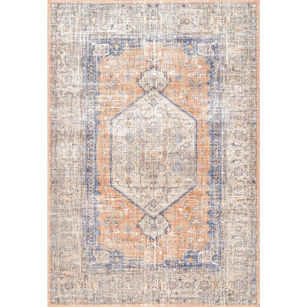 Vintage Floral Orange and Blue Washable Area Rug