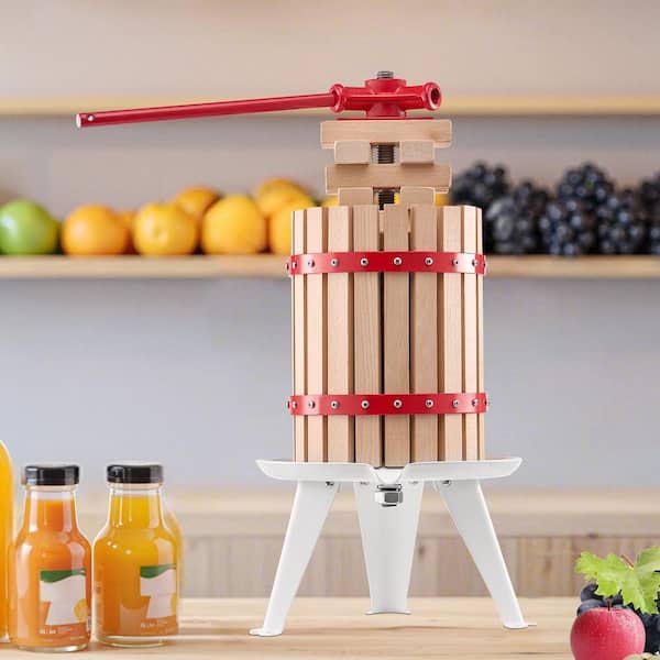 Fruit Wine Press, 1.6 Gal. /6 l, Solid Wood Basket with 8-Blocks, Manual Juice Maker Pole Handle for Kitchen and Home