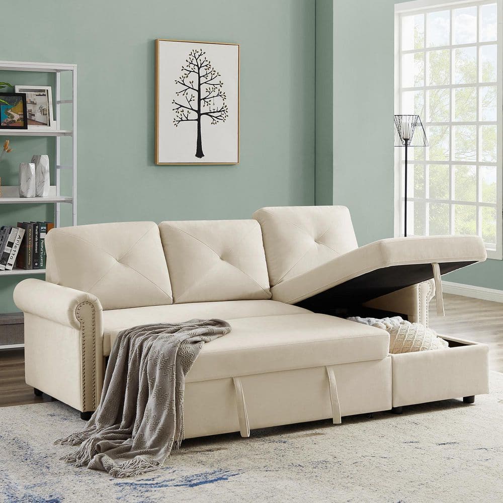 Qualler 83.5 in. W Rolled Arm 2-Piece Linen Sectional Sofa in Beige ...