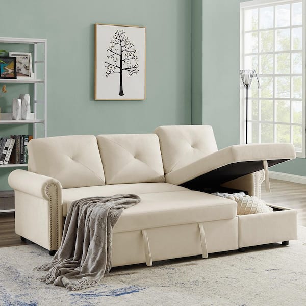 Qualler 83.5 in. W Rolled Arm 2-Piece Linen Sectional Sofa in Beige