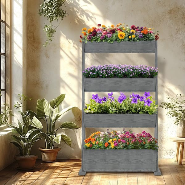 4-Tier Raised Garden Bed Vertical Freestanding Wood Plant Stand Wooden Flower Rack with Ladder and Shelf Gray