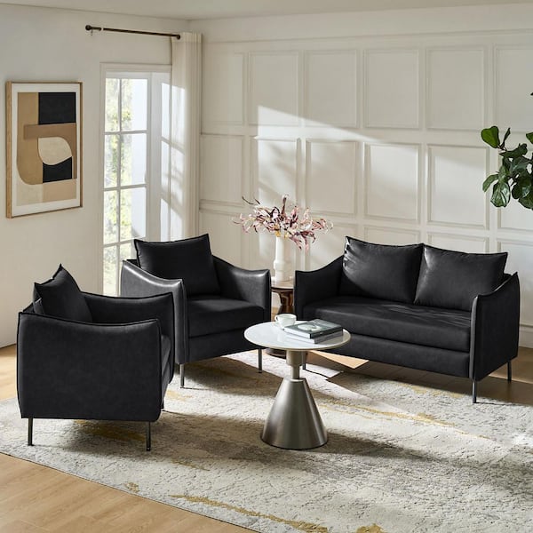 Wythe 3-Piece Black Faux Leather Industrial Style Living Room Set