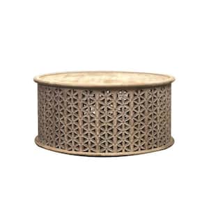 37 in. Gray Round Wood Coffee Table with Carved Tessellated Pattern