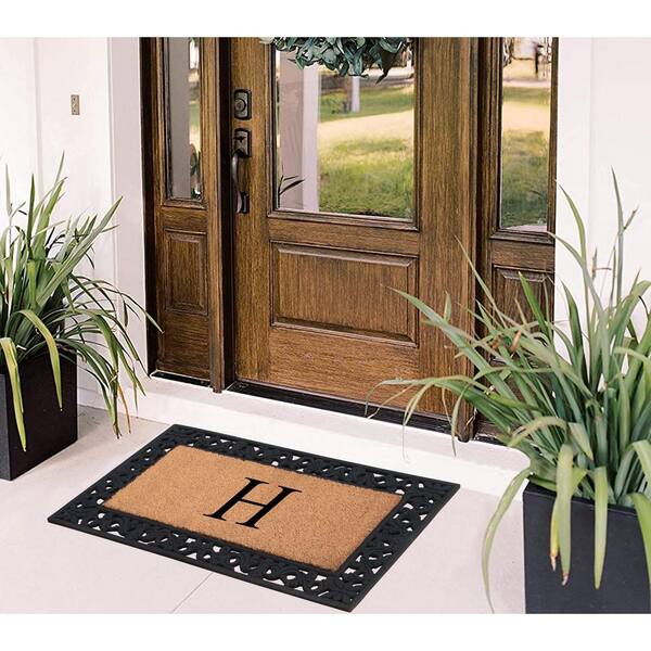 A1 Home Collections A1hc Floral Pattern Black 18 in. x 30 in. Rubber and Coir Outdoor Entrance Durable Monogrammed U Door Mat