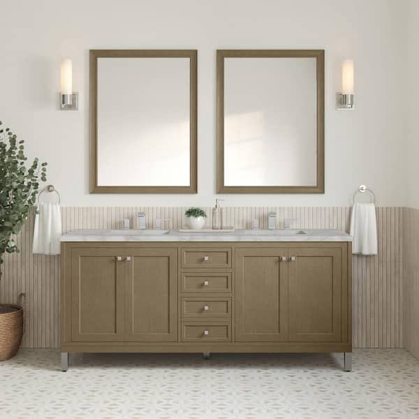 Chicago 72.0 in. Double Bath Vanity in Walnut Whisper with Wireless Charging Victorian Silver Quartz Top