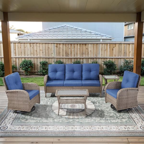 PlainCurve 5-Piece Gray Wicker Patio Conversation Set with Swivel Glider Chairs and Olefin Navy Blue Cushions