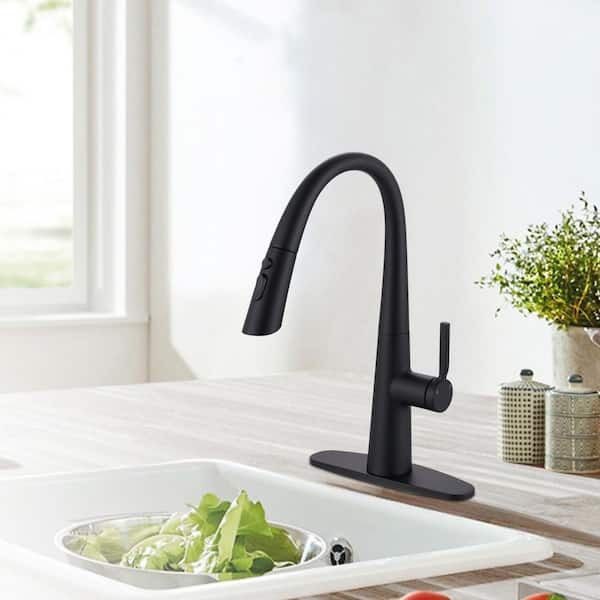 17.7 in. Single Handle Pull Down Sprayer Kitchen Faucet with 360° Swivel Spout in Matte Black