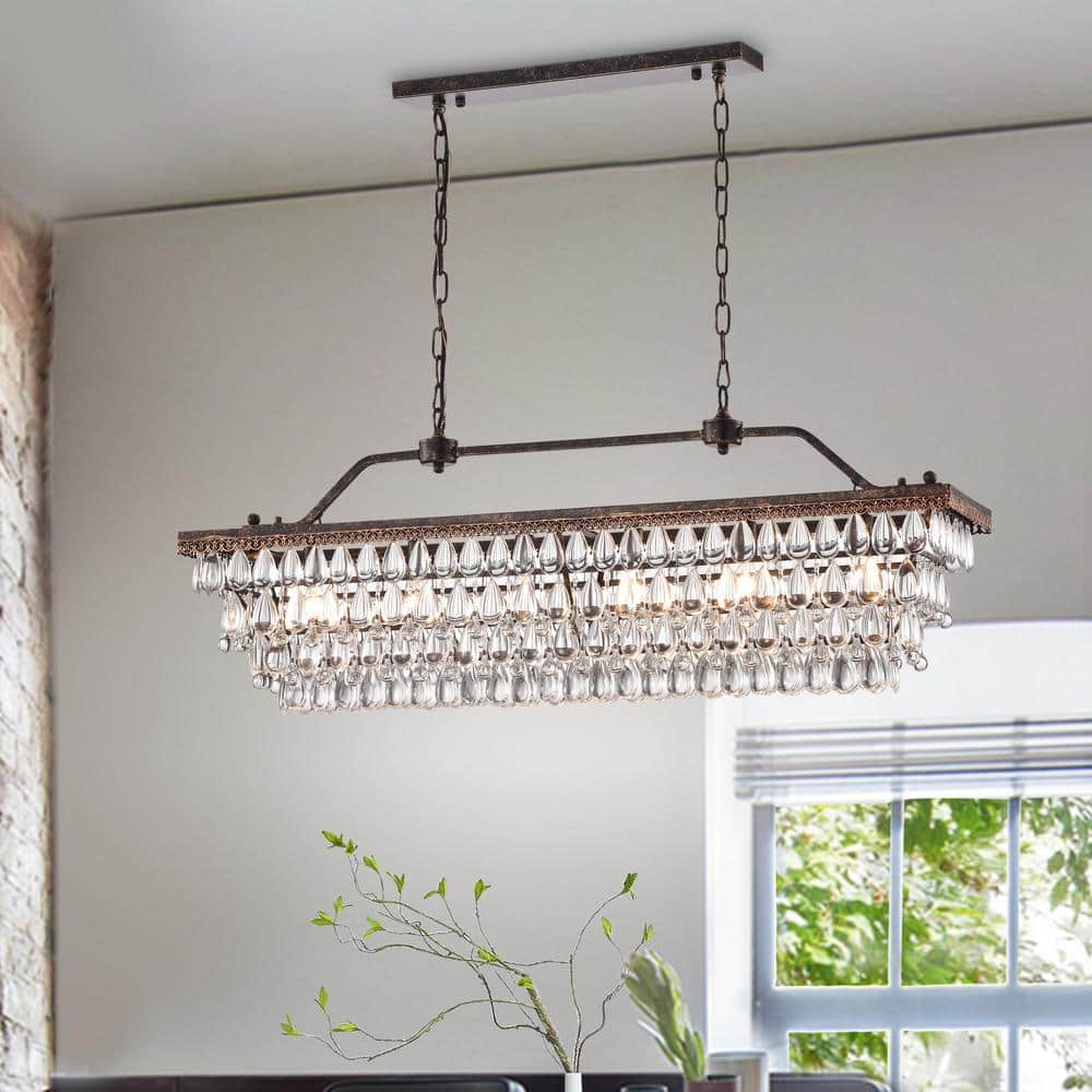 Creative Co-Op store DA2838 Antiqued Bronze Pendant Chandelier with Hanging Crystals.