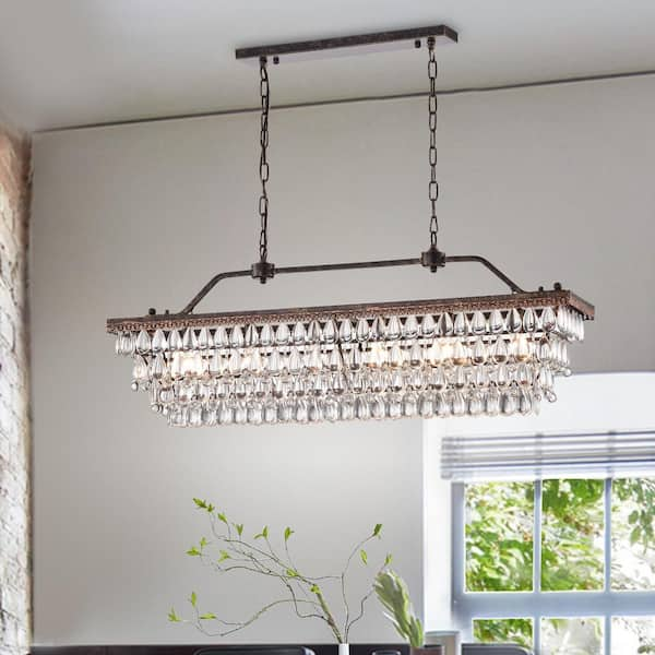 Chiara 6-Light Antique Bronze Rectangular Glam Chandelier with Clear Glass Hanging Teardrop Crystals