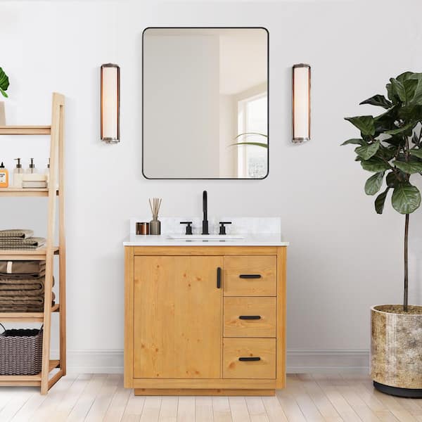 Altair Perla 36 in. W x 22 in. D x 34 in. H Single Bath Vanity in Natural Wood with Grain White Composite Stone Top and Mirror