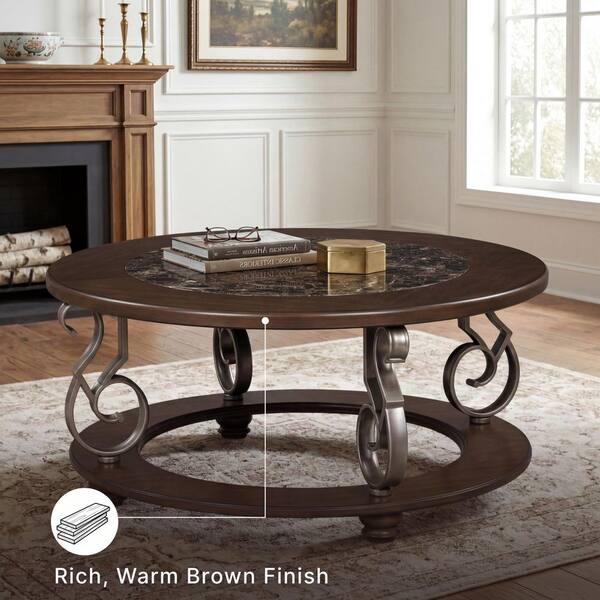 Signature DESIGN BY ASHLEY Frallyn 42 in. Dark Brown Round Faux