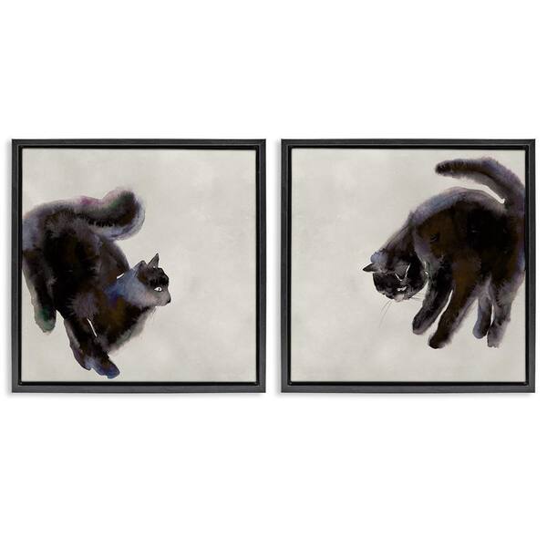 Fuzzy Black Cats on Beige by Melissa Wang 2-Pieces Black Floater Frame Animal Graphic Art Print 18 in. x 18 in.