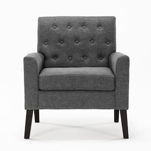 Dark Gray Linen and Walnut Legs Mid Century Modern Button Tufted Accent Chair