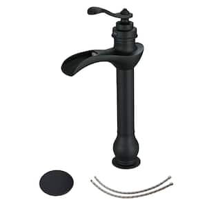 Single Hole Single Handle Brass Waterfall Bathroom Vessel Sink Faucet with Pop-Up Drain Assembly Kit in Matte Black