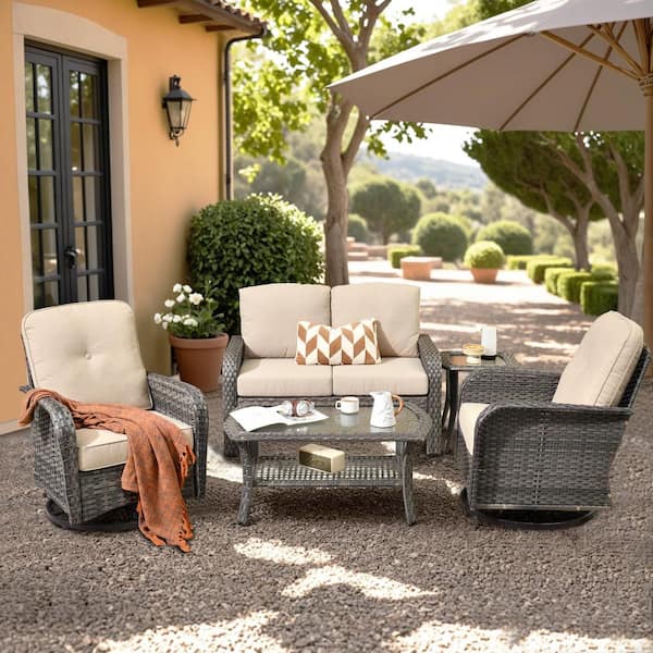 Ruby Grey 5-Piece Wicker Outdoor Furniture Patio Conversation Sofa Set with Swivel Chairs and Beige Cushions