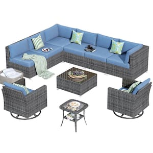 Messi Grey 10-Piece Wicker Outdoor Patio Conversation Sofa Set with Swivel Rocking Chairs and Denim Blue Cushions