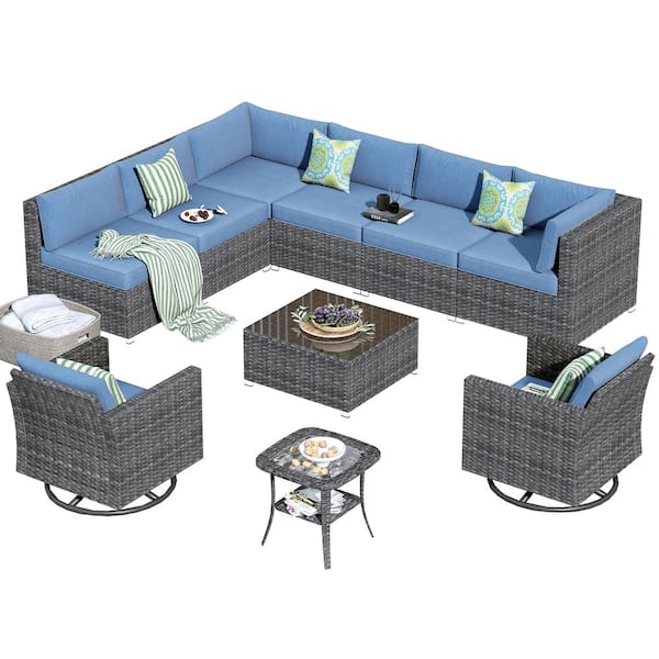 Messi Grey 10-Piece Wicker Outdoor Patio Conversation Sofa Set with Swivel Rocking Chairs and Denim Blue Cushions