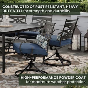 Montclair 11-Piece Steel Outdoor Dining Set with Navy Blue Cushions, 10 Swivel Rockers and 60 in. x 84 in. Table