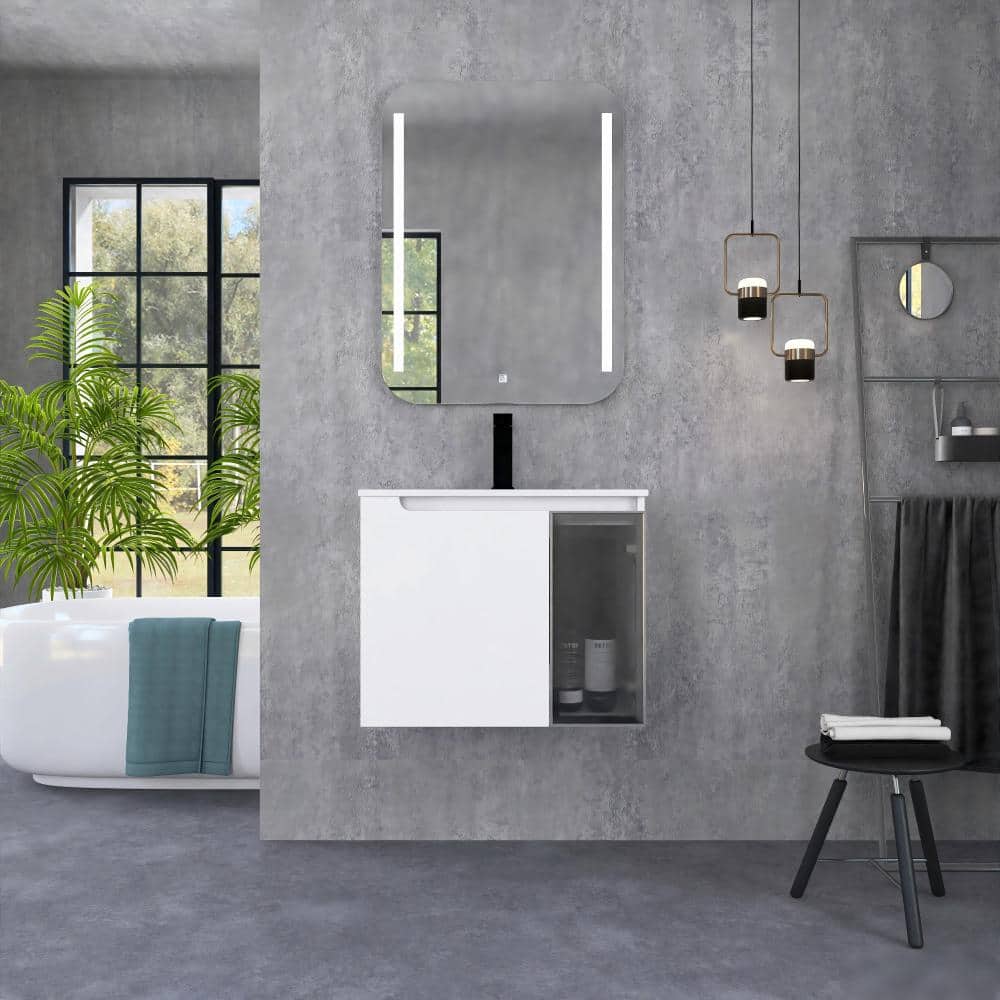 24 in. Floating Single Glossy White-Grey Glass Bath Vanity with White Ceramic Top Unassembled price history on PriceWatchPro
