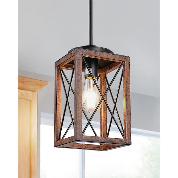 60-Watt 1-Light Farmhouse Pendant Light with Brown Wooden Grain Finish Shade, No Bulbs Included