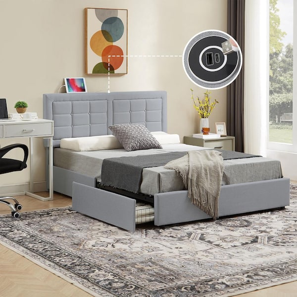 Upholstered Bed with 4-Drawers, Queen Bed Frame, Light Gray Platform Bed with Headboard, Built-in USB and Type C Ports