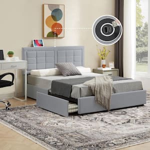 Upholstered Bed with 4-Drawers, Queen Bed Frame, Light Gray Platform Bed with Headboard, Built-in USB and Type C Ports