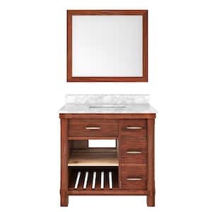 36 in. W x 22 in. D x 35.4 in. H Single Sink Solid Wood Bath Vanity in Traditional Brown with White Top and Mirror