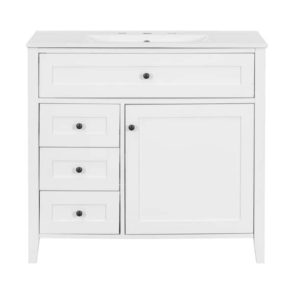36 in. White Wood Rectangle Vessel Sink Bathroom Vanity Combo with 3 Drawers and Adjustable Shelf