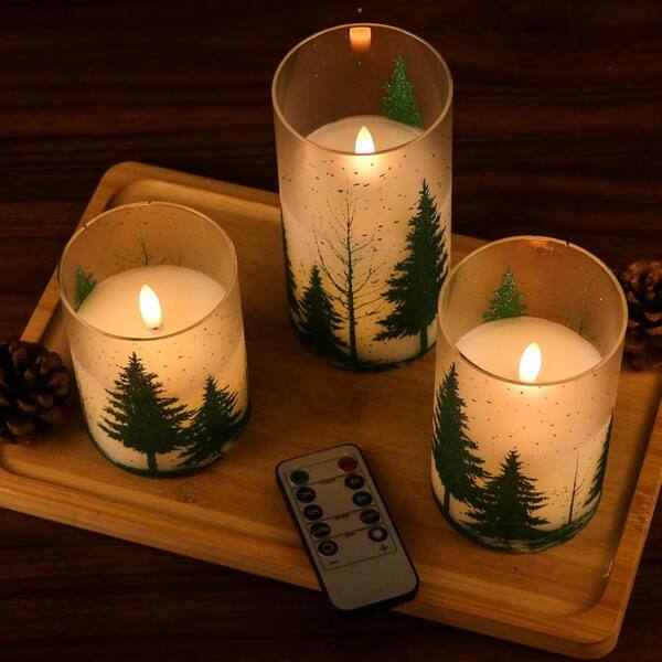 Afoxsos Green Christmas Tree Glass Flameless Candle with Remote