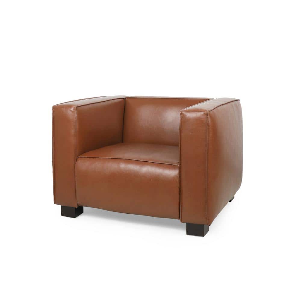 Cognac Brown Square Arm Faux Leather Club Chair with Dark Walnut Wood Legs