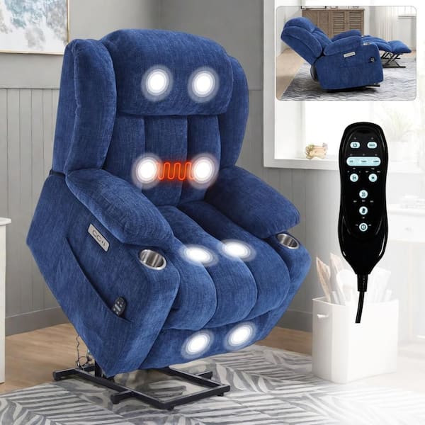 Blue Chenille Power Lift Recliner Chair with 8-Point Vibration Massage and Lumbar Heating